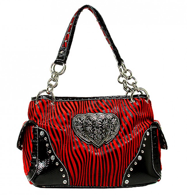 Animal Zebra Print Satchel Bags w/ 3-Heart Charm - Red - BG-112HZ-RD